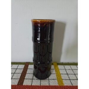 Vintage Libbey Ceramic Bamboo Tiki Mug Brown Drip Glaze Tropical Barware 7in